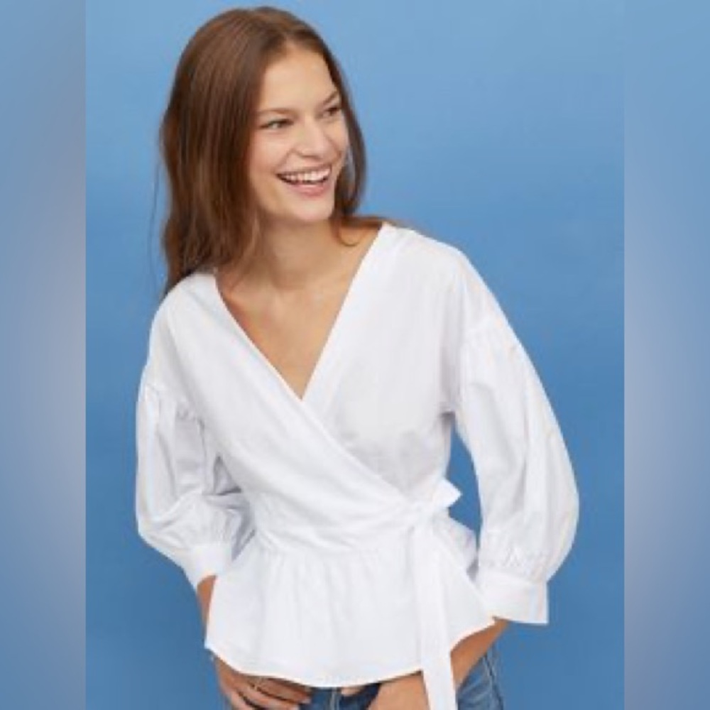 H&M White Puff Sleeve Wrap Blouse